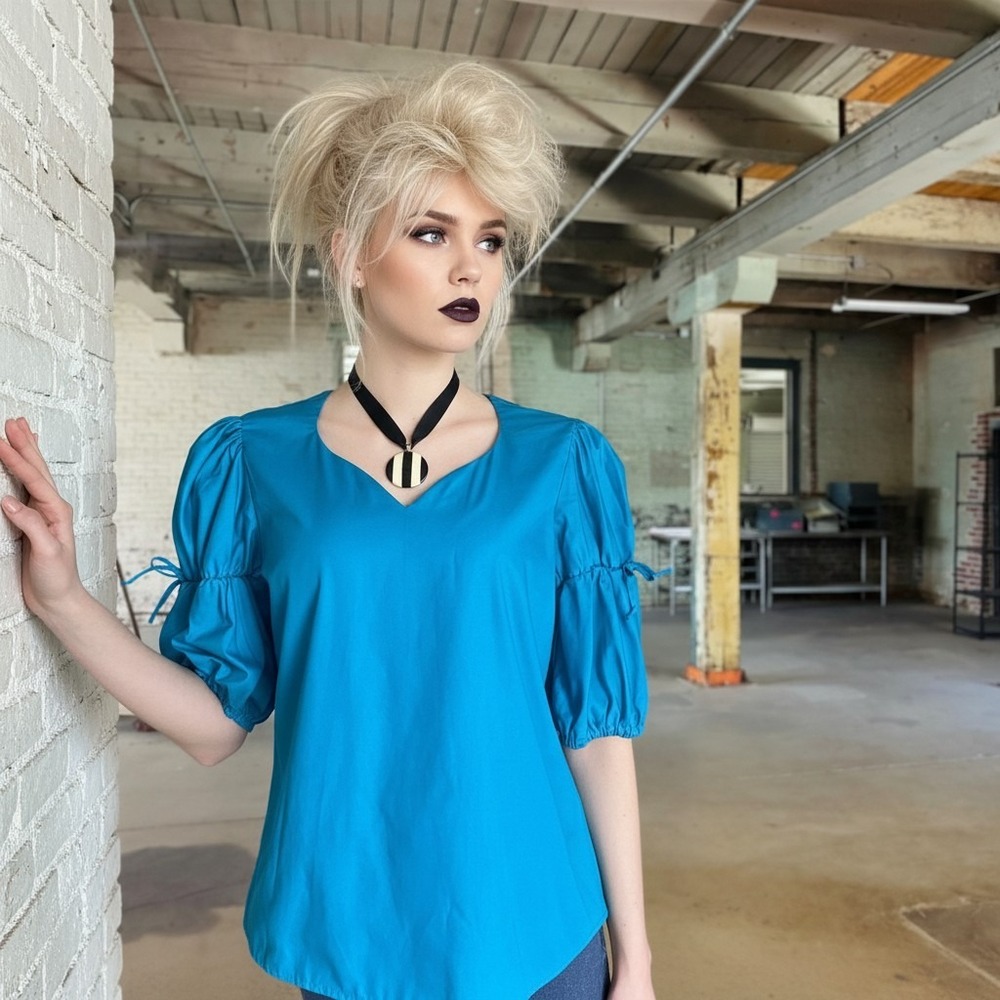 Vintage 70s Peasant Blouse Blue Poet Sleeve Boho Top Medium